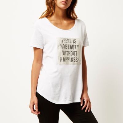 White metallic slogan print t-shirt